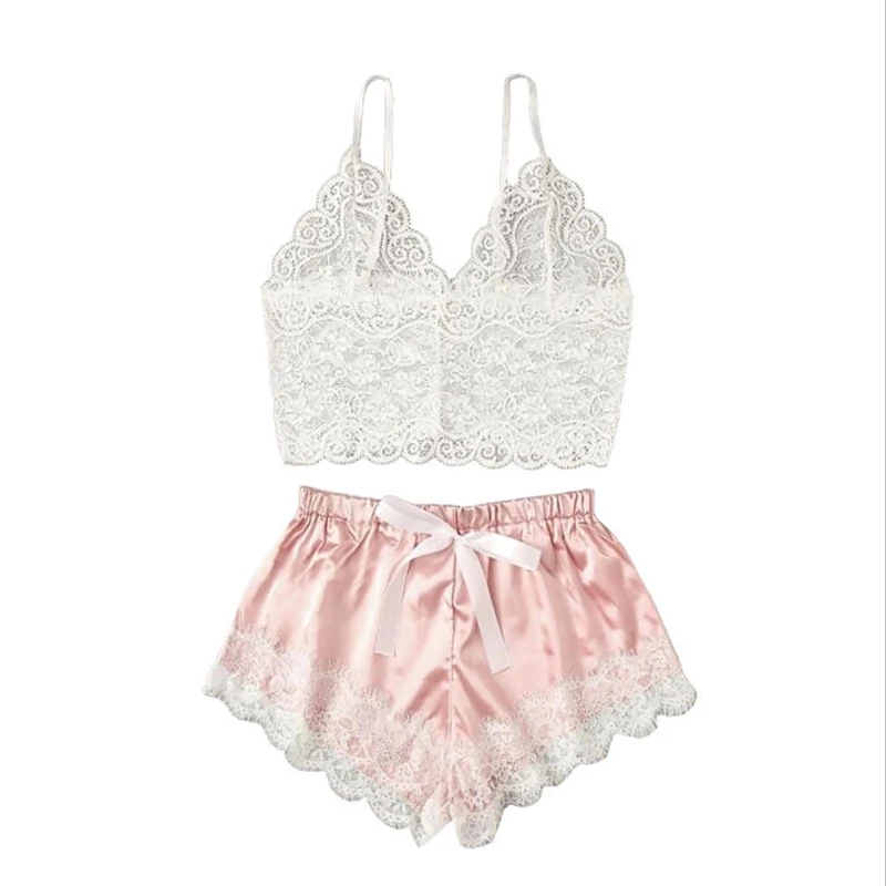 ست لباس خواب زنانه ساتن صورتی و گیپور سفید فانتزی