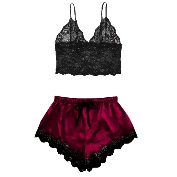 ست لباس خواب زنانه ساتن و گیپور دو تکه