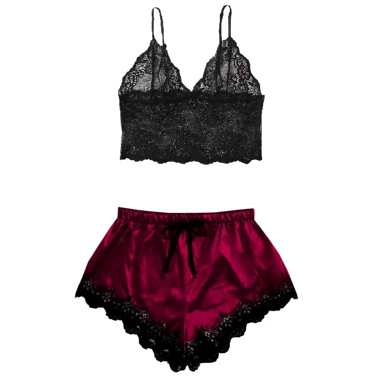 ست لباس خواب زنانه ساتن و گیپور دو تکه