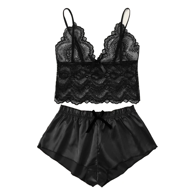 ست لباس خواب زنانه گیپور و ساتن مشکی دو تکه