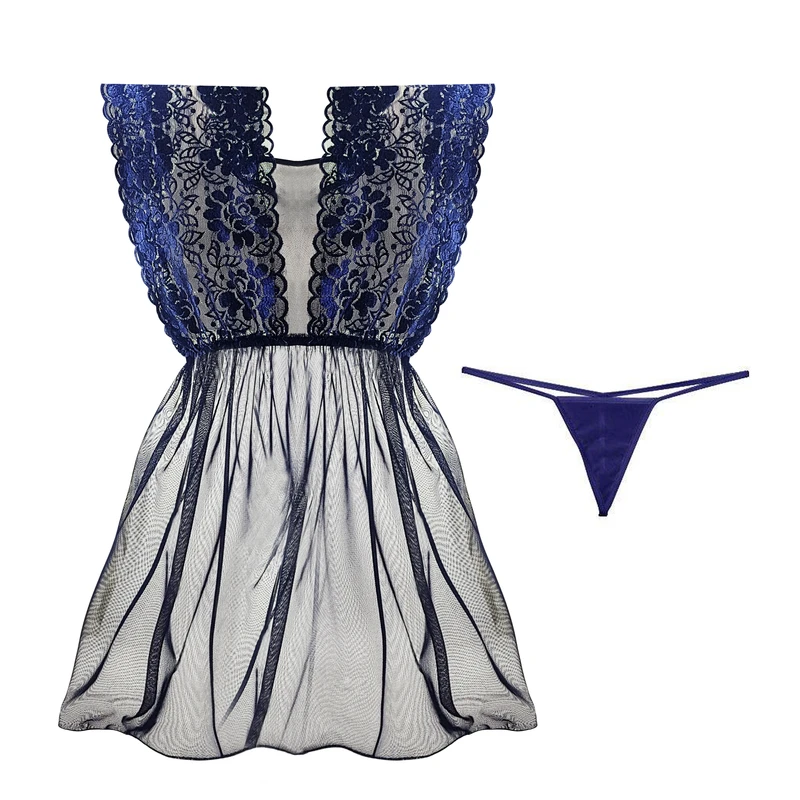 لباس خواب زنانه توری و دانتل آبی با شورت لامبادا