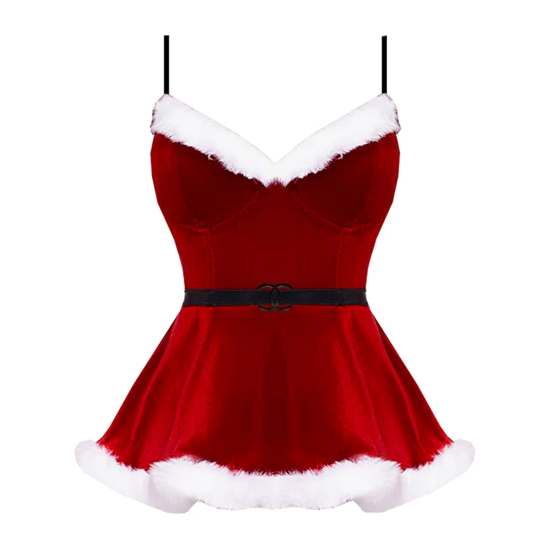 لباس خواب زنانه قرمز مخملی فانتزی طرح کریسمس