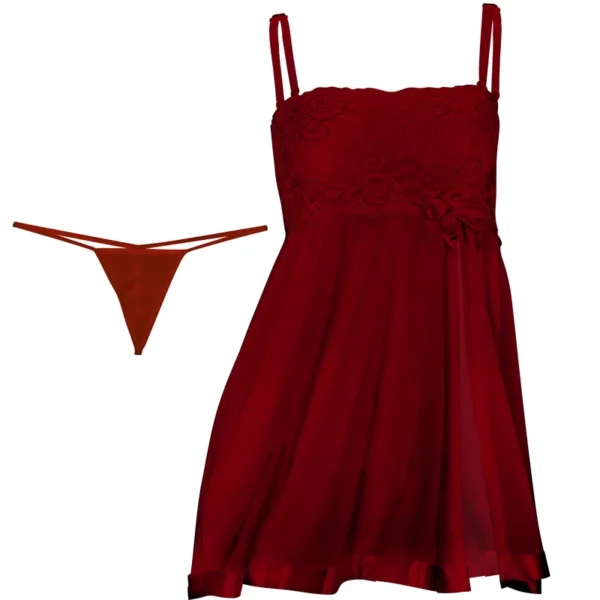 لباس خواب زنانه قرمز گیپور و تور + شورت فانتزی