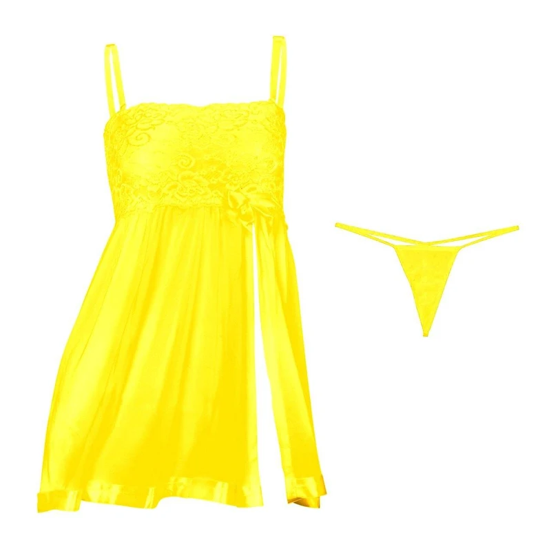 لباس خواب زنانه گیپور و ساتن زرد + شورت فانتزی شهر سپید