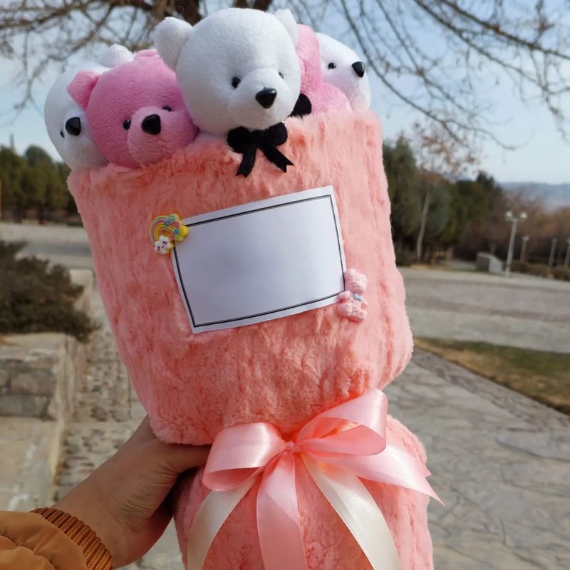 بوکت عروسک تدی خرسی صورتی و سفید