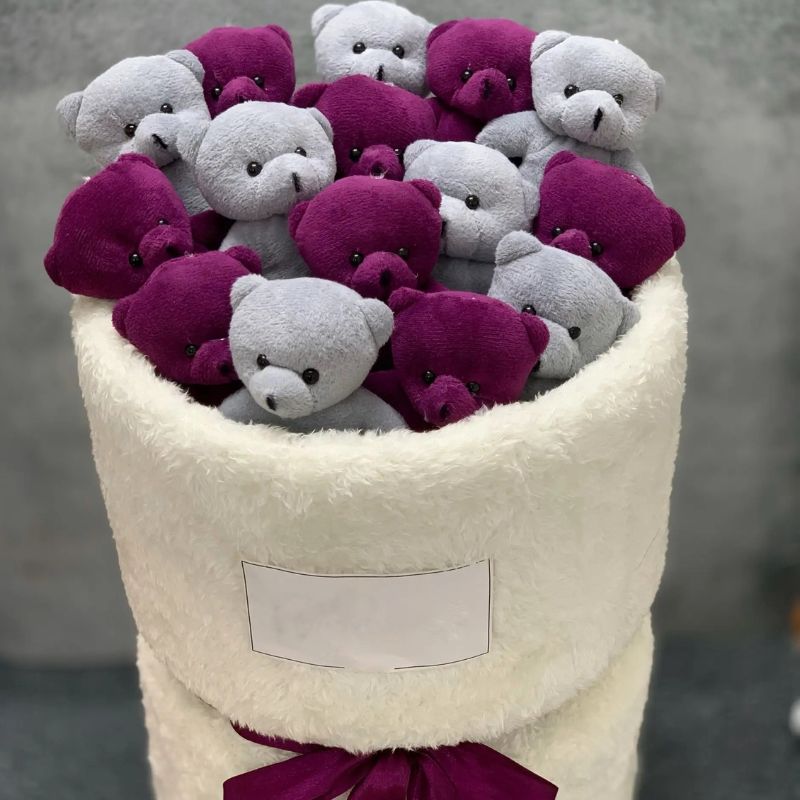 بوکت عروسکی خرسی رنگ بنفش و طوسی