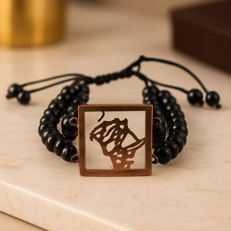 دستبند مردانه سنگی با پلاک طرح گاو