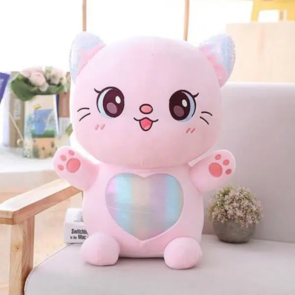 عروسک گربه صورتی بامزه با قلب براق ارتفاع 25 سانتی متر