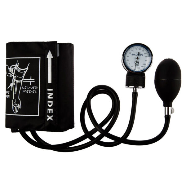 فشارسنج بازویی عقربه‌ای اکیومد مدل KJ-106C با مانومتر بزرگ و خوانا، کاف ضد حساسیت بدون لاتکس، پیچ تخلیه برنجی با روکش کروم و گوشی پزشکی تک‌بل مناسب دور بازوی 24 تا 32 سانتی‌متر